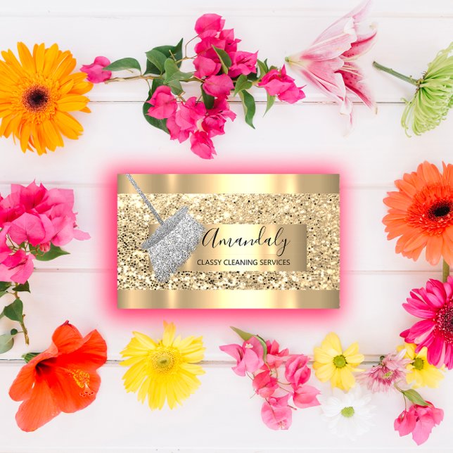 Cleaning Service Maid House Keeping Gold Grey Business Card (Cleaning Service Maid House Keeping Gold Gray Business Card)