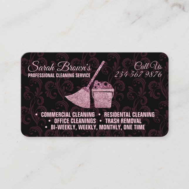 Cleaning Service Maid Janitorial pink swirl Business Card (Front)