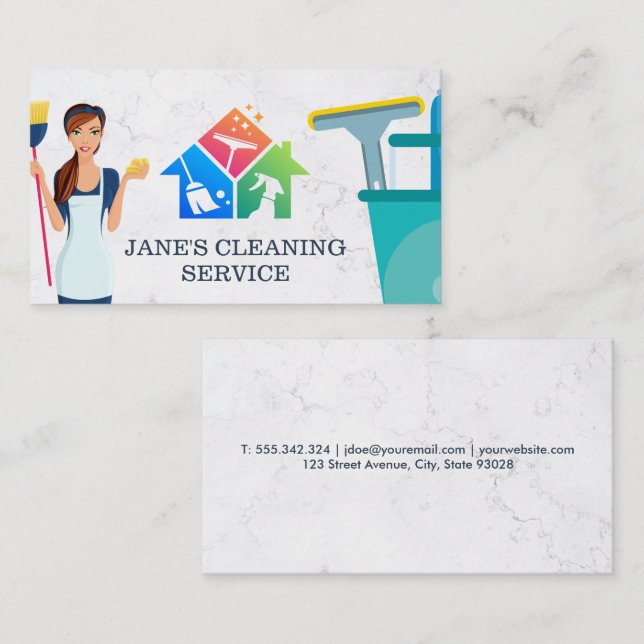 Cleaning Service | Maid with Broom | Marble Business Card (Front/Back)