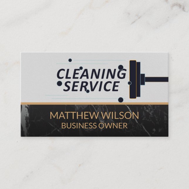 Cleaning Service | Mop Broom | Black Marble Business Card (Front)