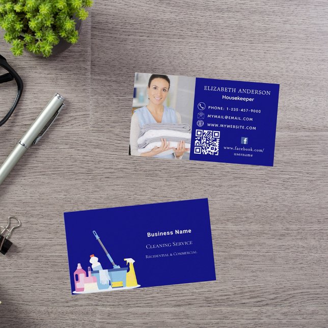 Cleaning service navy blue photo QR code premium Business Card (Creator Uploaded)