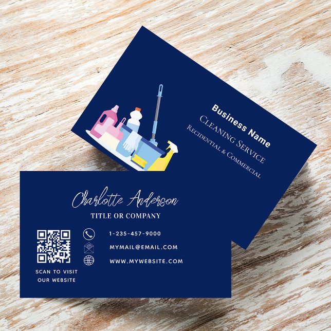 Cleaning service navy blue QR code Business Card (Creator Uploaded)