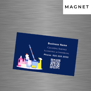 Cleaning service navy blue QR code Magnetic Business Card