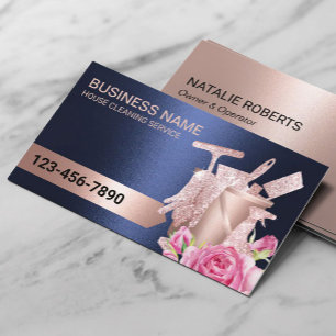 Cleaning Service Navy & Rose Gold Modern Floral Business Card