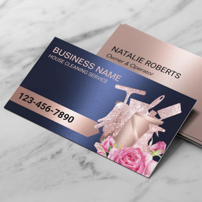 Cleaning Service Navy & Rose Gold Modern Floral Business Card (Creator Uploaded)