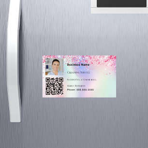 Cleaning service photo QR code holographic pink Magnetic Business Card
