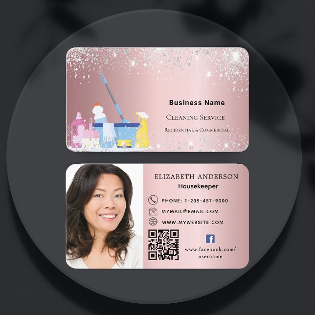 Cleaning service pink glitter dust QR code photo Business Card (Creator Uploaded)