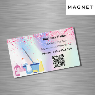 Cleaning service pink holograpgic QR code Magnetic Business Card