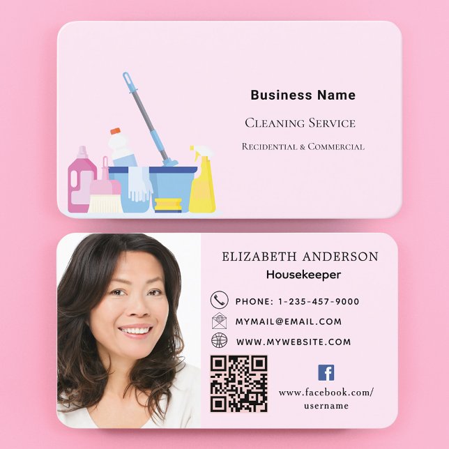 Cleaning service pink QR code photo Business Card (Creator Uploaded)