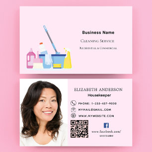 Cleaning service pink QR code photo Business Card