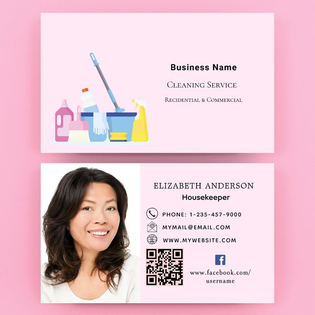 Cleaning service pink QR code photo premium Business Card (Creator Uploaded)