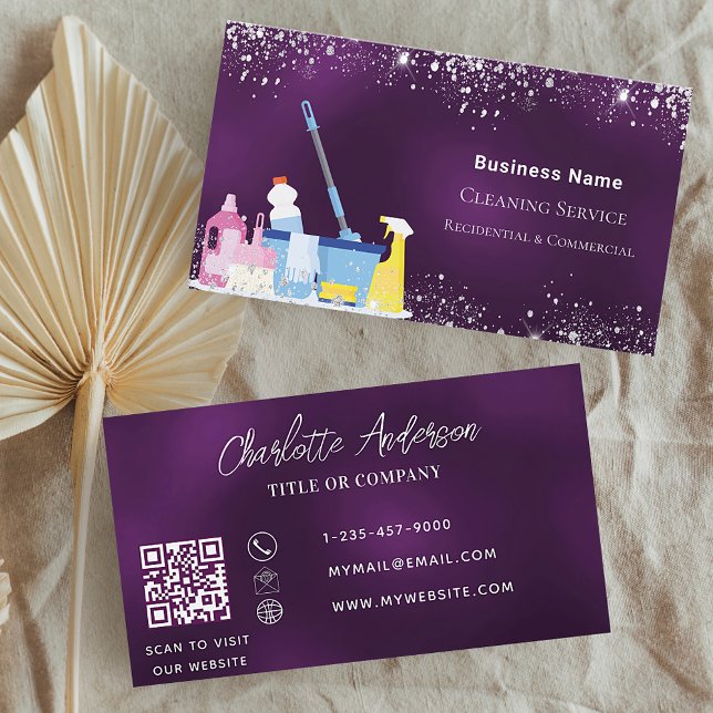 Cleaning service purple silver glitter dust QR Business Card (Creator Uploaded)