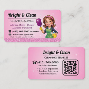 Cleaning Service QR Code Pink Maid Business Card
