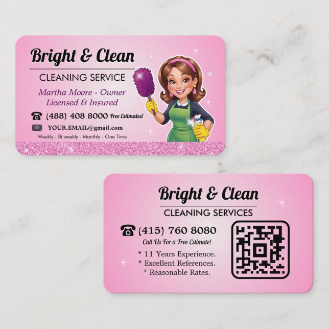 Cleaning Service QR Code Pink Maid Business Card (Front/Back)