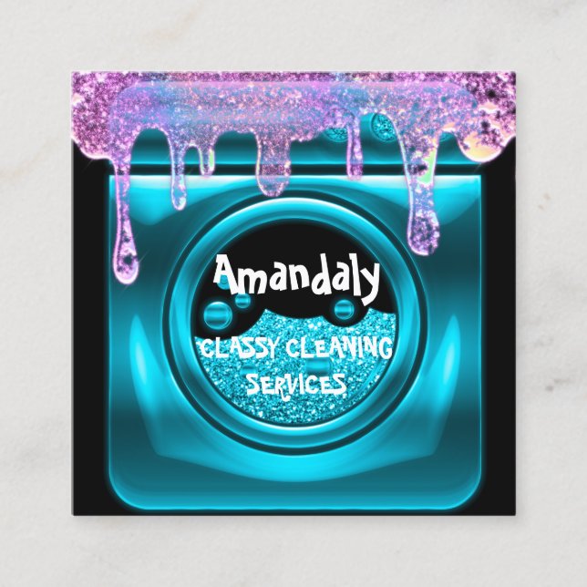 Cleaning Service QRCode Laundy Drip Soap Pink Teal Square Business Card (Front)