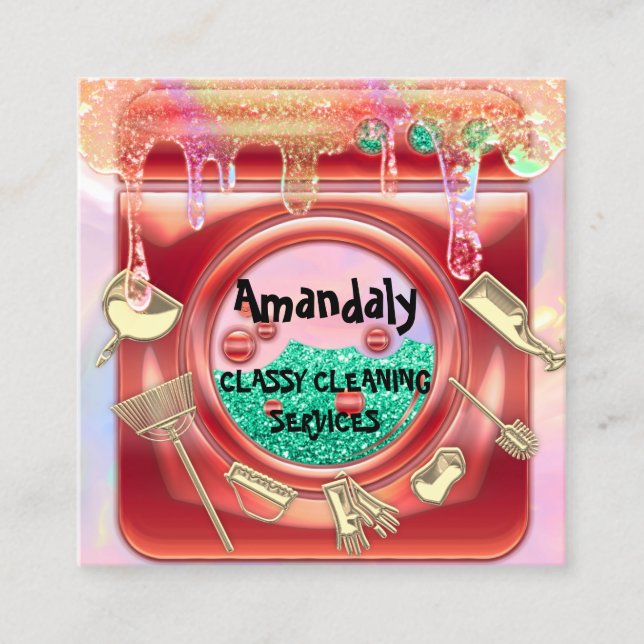 Cleaning Service QRCode Laundy Gold Drips Square Business Card (Front)