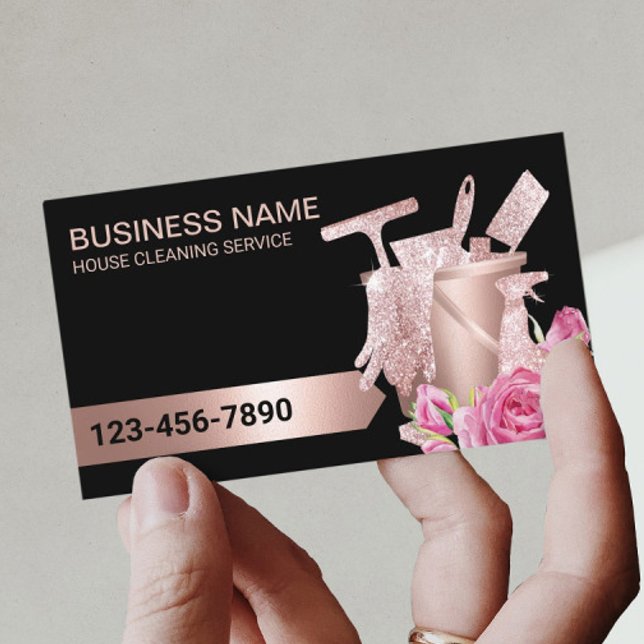 Cleaning Service Rose Gold Modern Floral Business Card (Creator Uploaded)