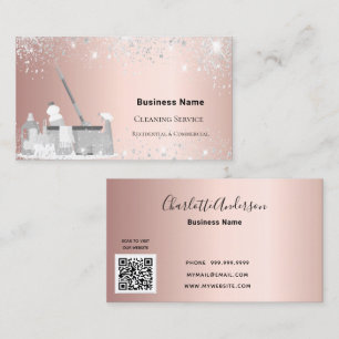 Cleaning service rose gold silver glitter dust QR Business Card
