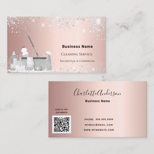 Cleaning service rose gold silver glitter dust QR Business Card (Front/Back)
