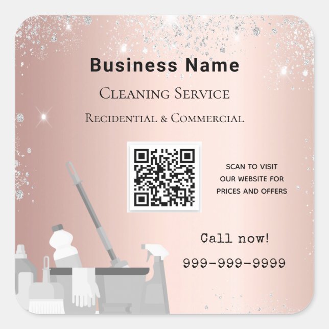Cleaning service rose gold silver glitter dust QR Square Sticker (Front)