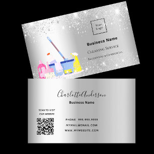 Cleaning service silver glitter dust logo QR code Business Card