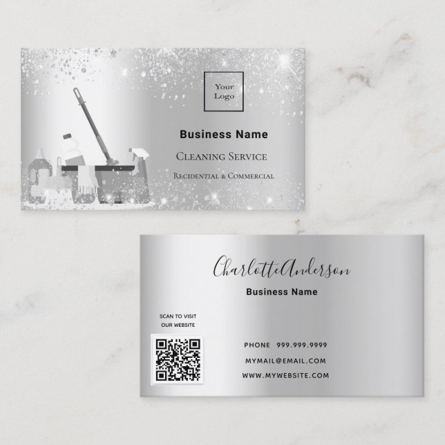 Cleaning service silver glitter dust logo QR code Business Card (Front/Back)