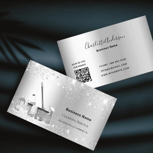 Cleaning service silver glitter dust QR code Business Card
