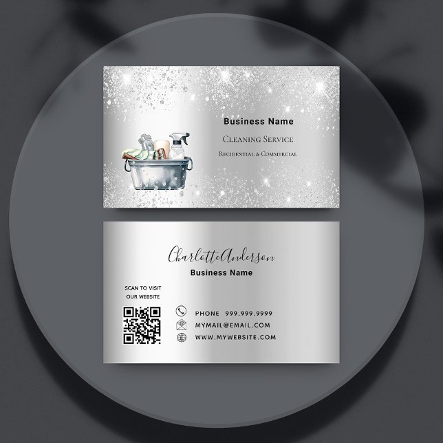 Cleaning service silver glitter dust QR code Business Card (Creator Uploaded)