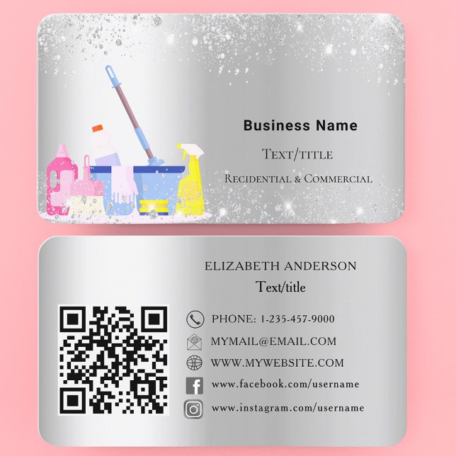 Cleaning service silver glitter dust QR code Business Card (Creator Uploaded)