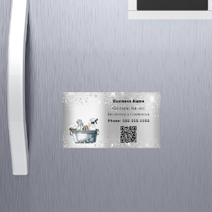 Cleaning service silver glitter dust QR code Magnetic Business Card