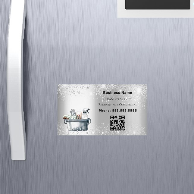 Cleaning service silver glitter dust QR code Magnetic Business Card (Creator Uploaded)