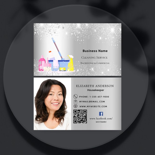 Cleaning service silver glitter dust QR code photo Business Card (Creator Uploaded)