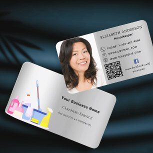 Cleaning service silver QR code photo Business Card