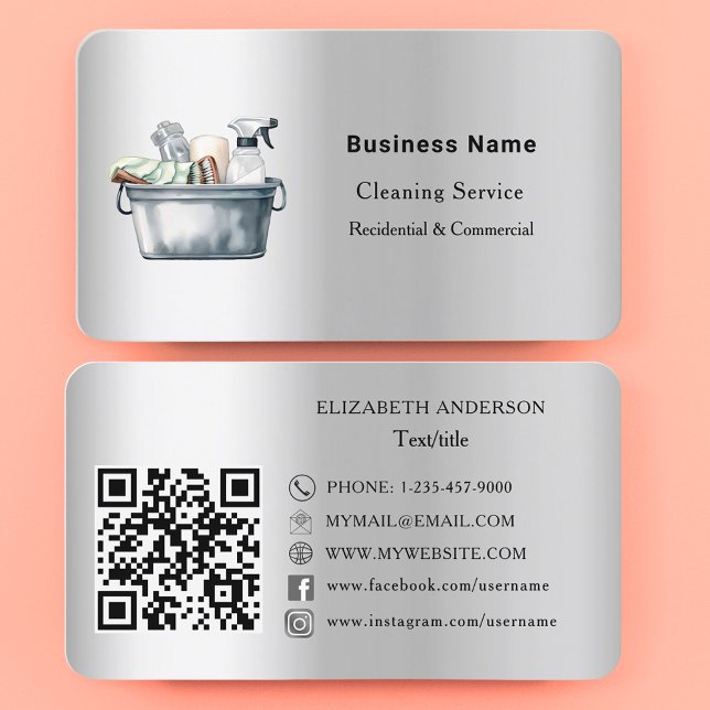 Cleaning service silver QR code social media Business Card (Creator Uploaded)