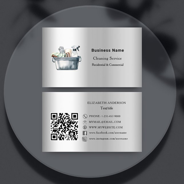 Cleaning service silver QR social media premium Business Card (Creator Uploaded)