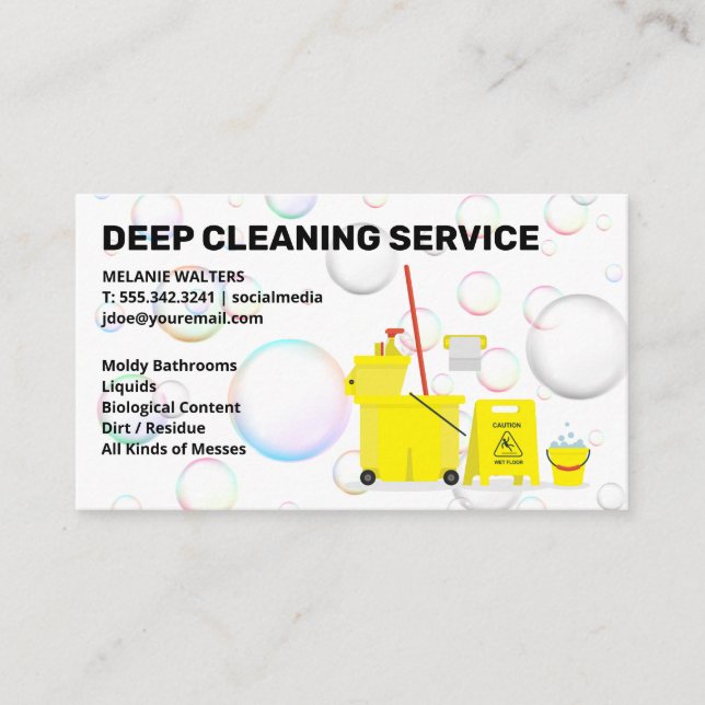 Cleaning Service Tools Logo | Bubbles Business Card (Front)