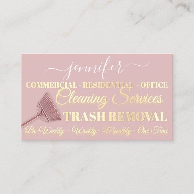 Cleaning Service Trash Removal Maid Pink Logo QR  Business Card (Front)