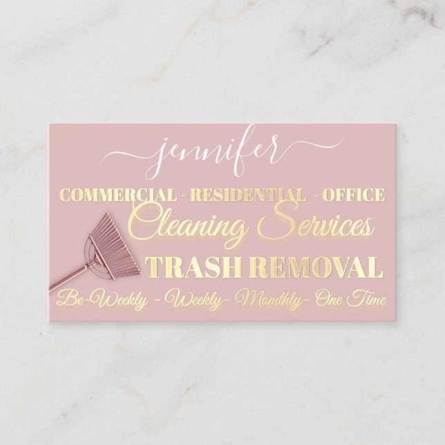 Cleaning Service Trash Removal Maid Rose Gold Business Card (Front)