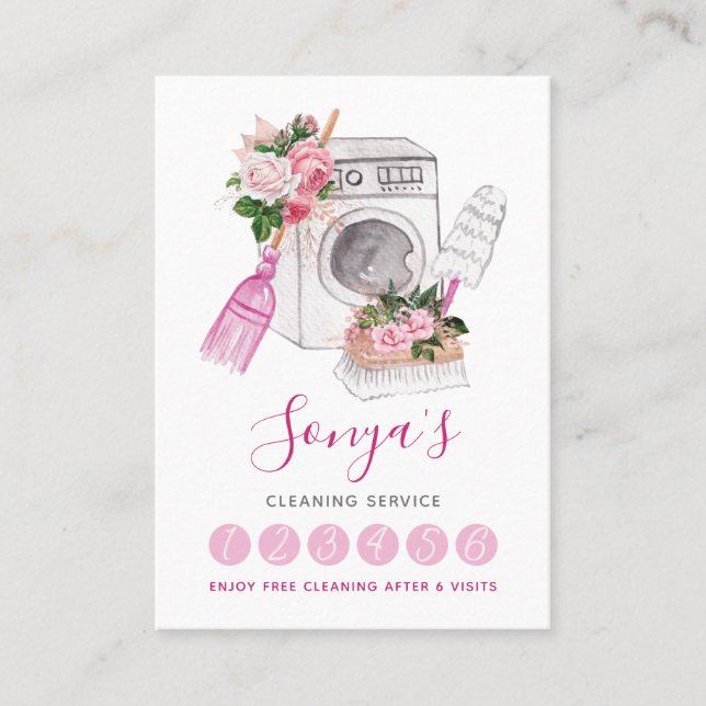 Cleaning Service Watercolor Pink Loyalty Card (Front)