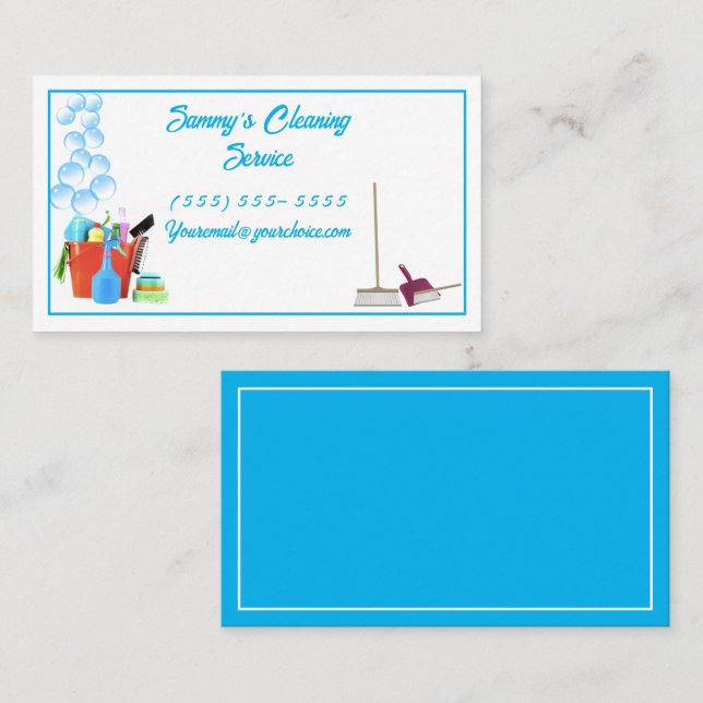 Cleaning Service with cleaners, bucket, and broom Business Card (Front/Back)