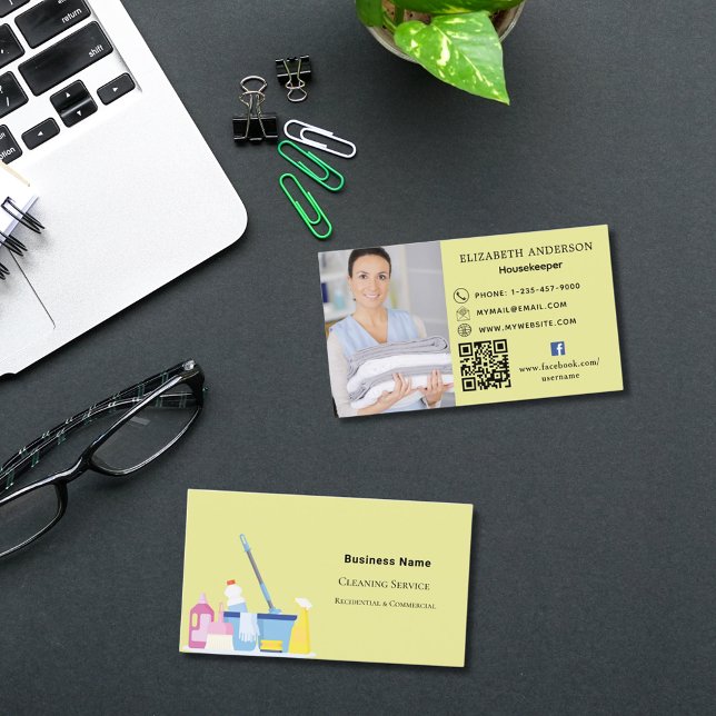Cleaning service yellow photo QR code Business Card (Creator Uploaded)