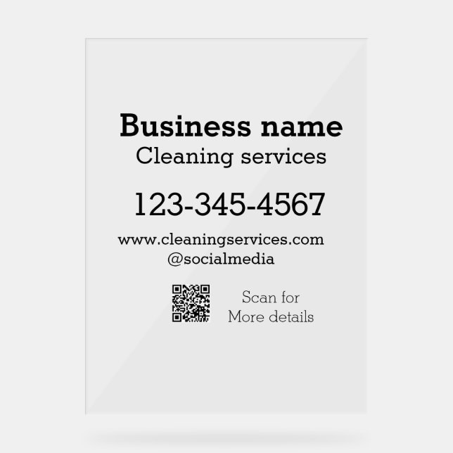 Cleaning services add number website email address acrylic sign (Front)