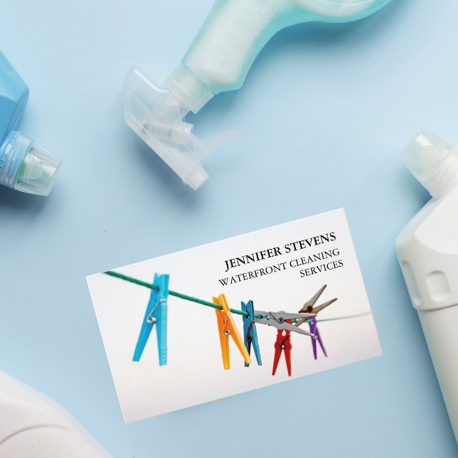 Cleaning Services Clothesline Photo Modern Maid Business Card (Creator Uploaded)