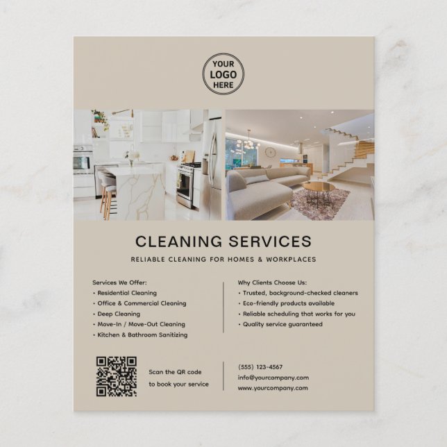 Cleaning Services Custom Logo Beige QR Flyer (Front)