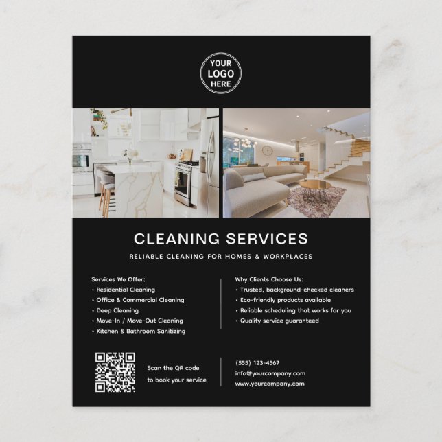 Cleaning Services Custom Logo Black QR Flyer (Front)