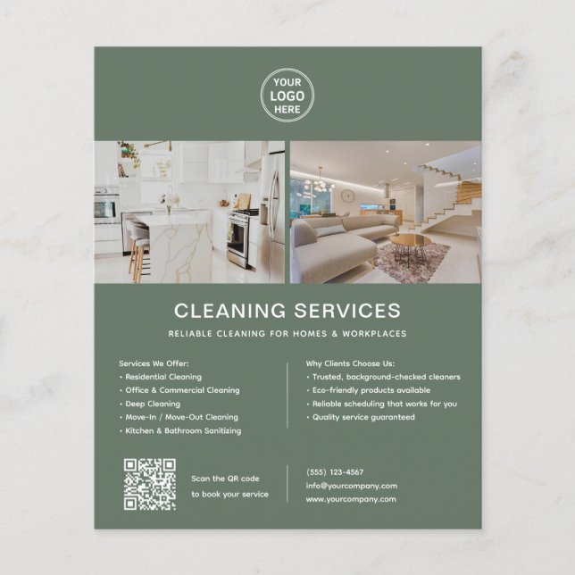 Cleaning Services Custom Logo Green QR Flyer (Front)