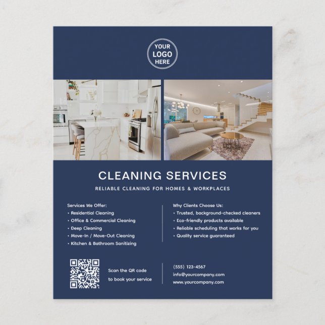 Cleaning Services Custom Logo Navy Blue QR Flyer (Front)