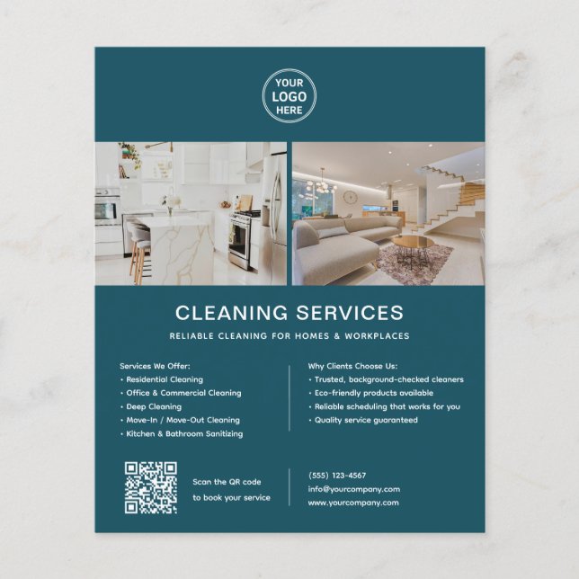 Cleaning Services Custom Logo Teal QR Flyer (Front)