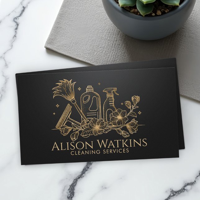Cleaning Services - Golden Floral Line Art Business Card (Creator Uploaded)