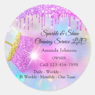 Cleaning Services House Pink Drips Holograph Classic Round Sticker